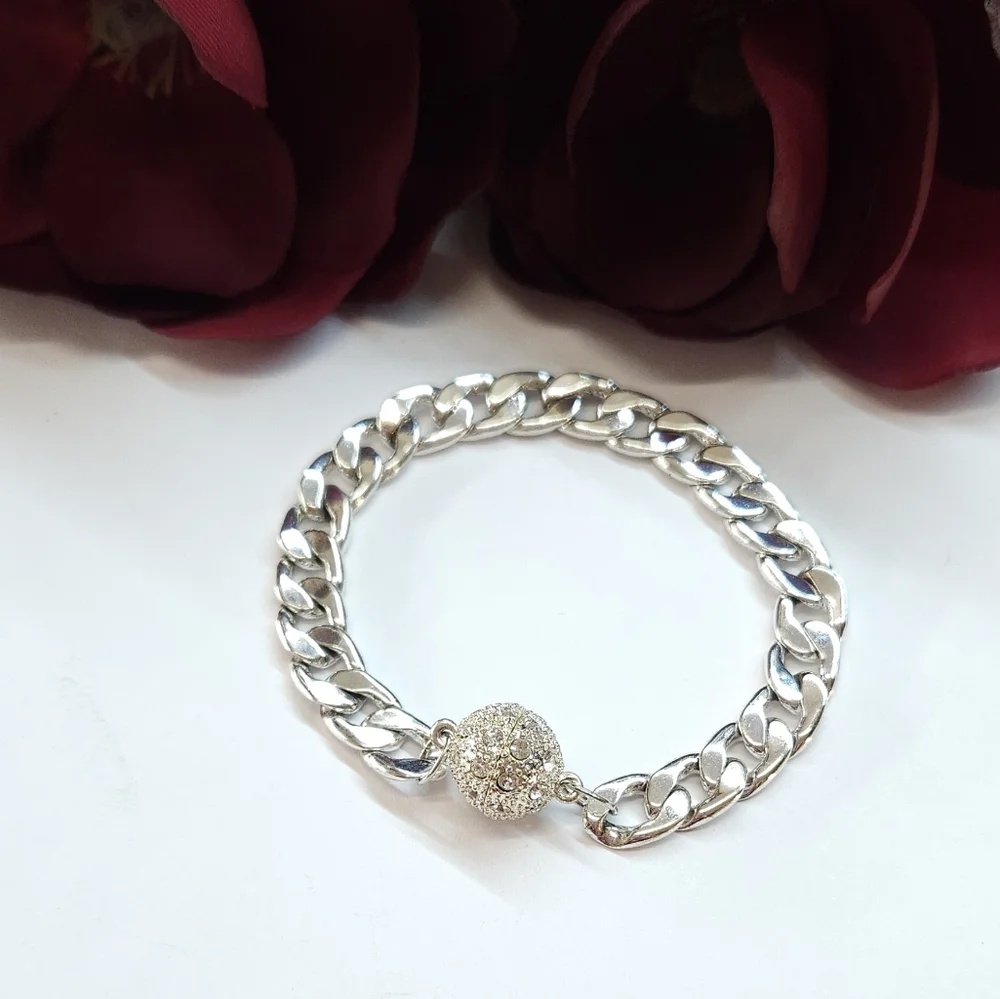 Chunky Silver Curb Chain & Crystal Bead Clasp Bracelet Magnetic Clasp